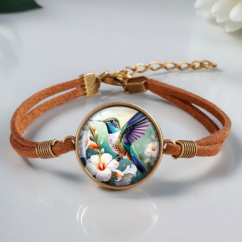 2pcs Vintage Hummingbird and Flower Handmade Glass Bangles